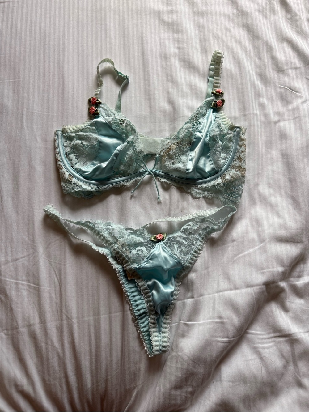 For Love & Lemons Pale Blue Satin and Lace Bra & Thong Set with Rose Appliqués
